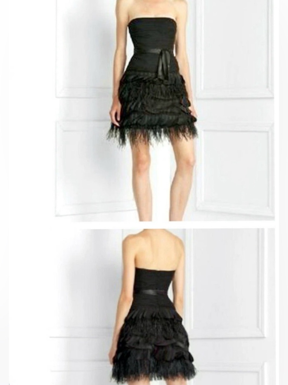 BCBG Strapless  Black Feather-Trim Dress with Satin Tie Y2K Party Evening